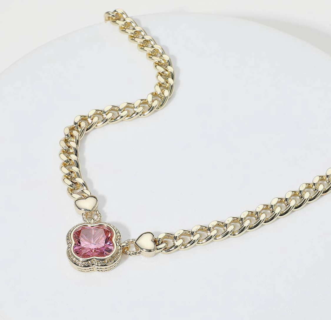 Pink Quatrefoil Pendant Gold Chain