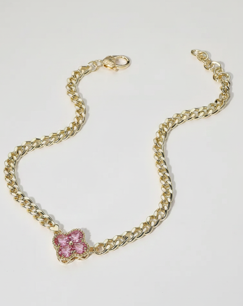 Pink Quatrefoil Pendant Gold Chain