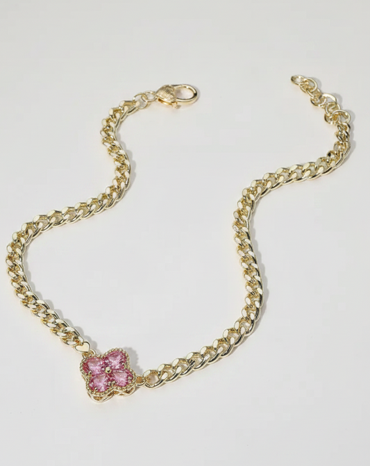 Pink Quatrefoil Pendant Gold Chain