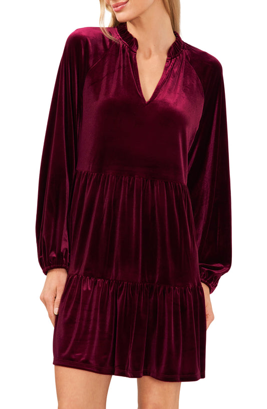 MSK Women's Split-Neck Blouson-Sleeve Tiered Velvet Shift Dress