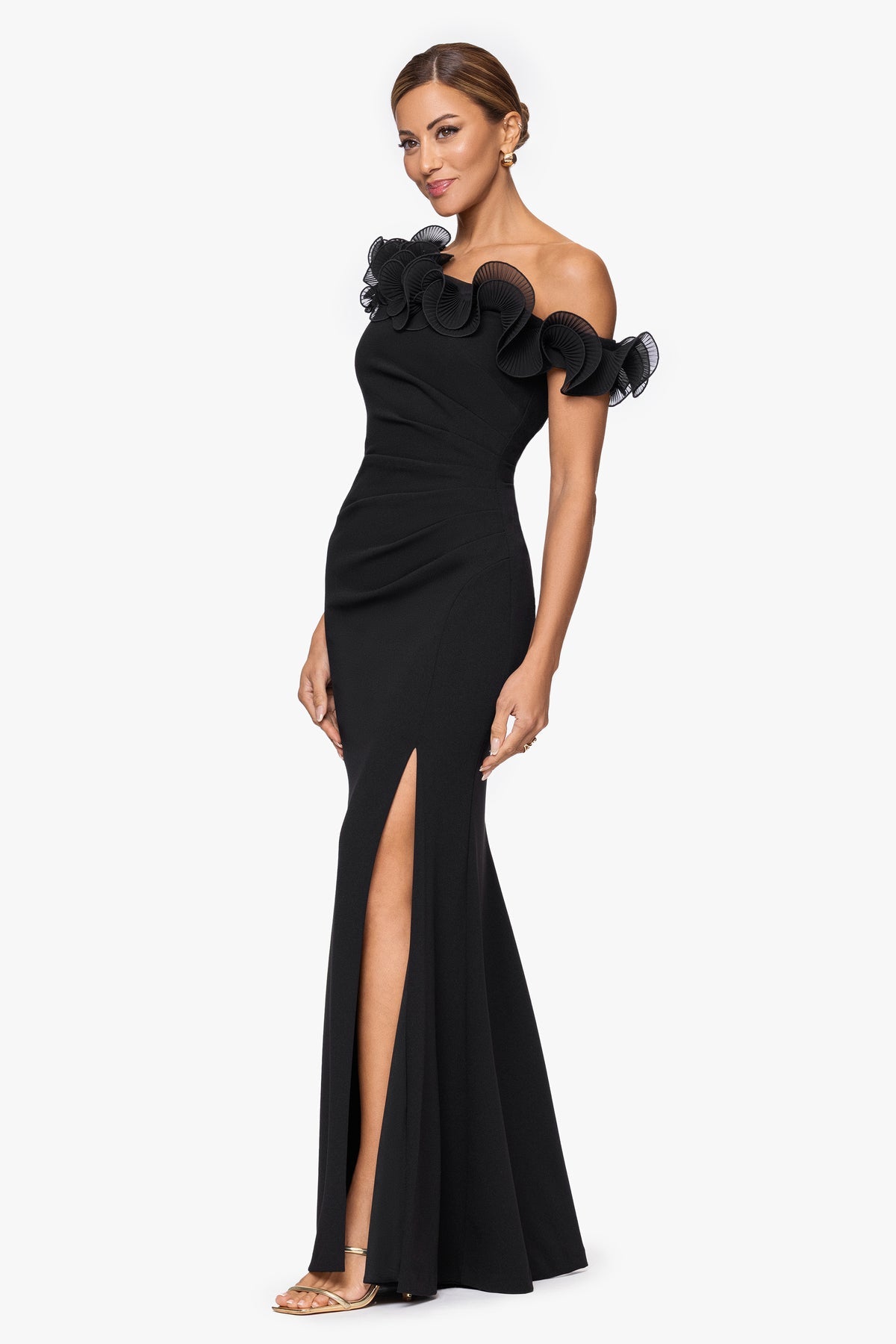 "Delilah" Scuba Crepe Drop Shoulder Chiffon Ruffle Dress