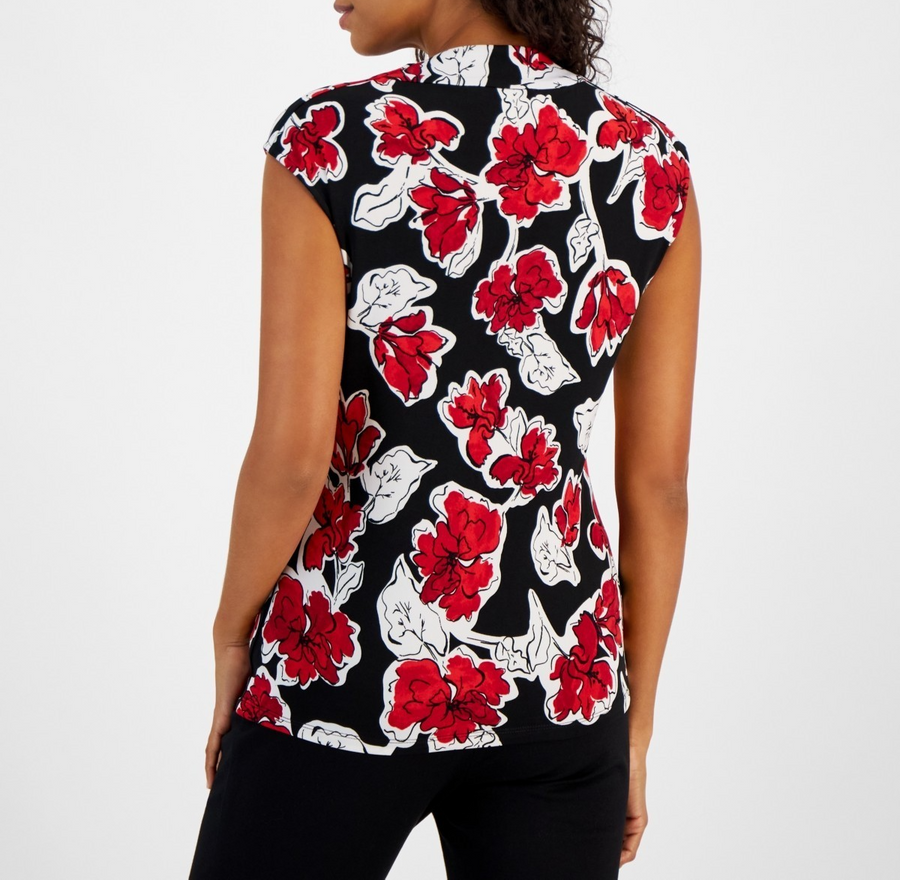 Red & Black Floral Print Top