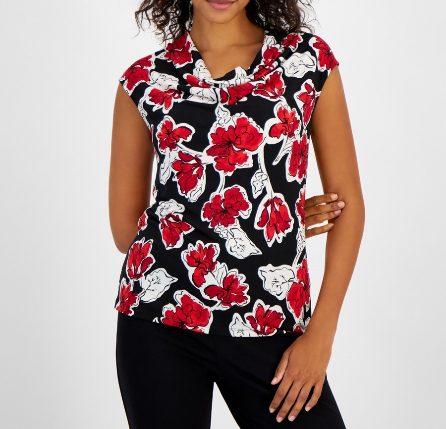 Red & Black Floral Print Top