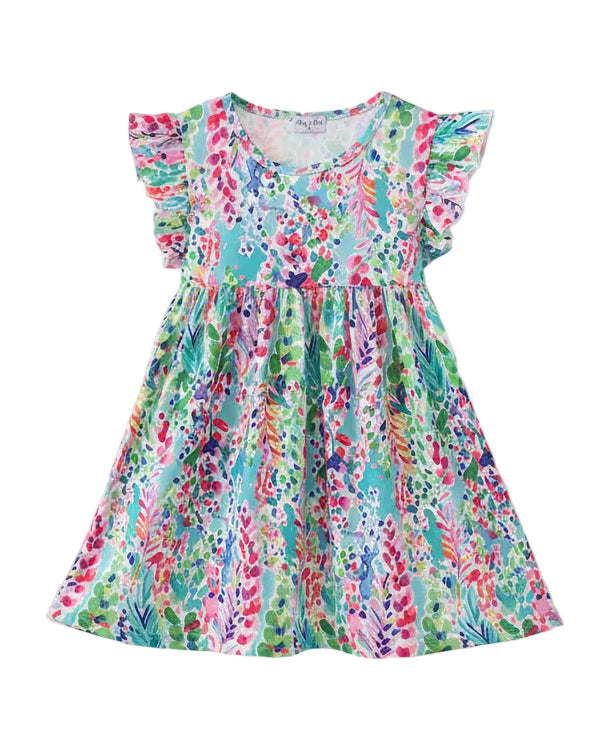 Blue Bright Floral Ruffle Dress