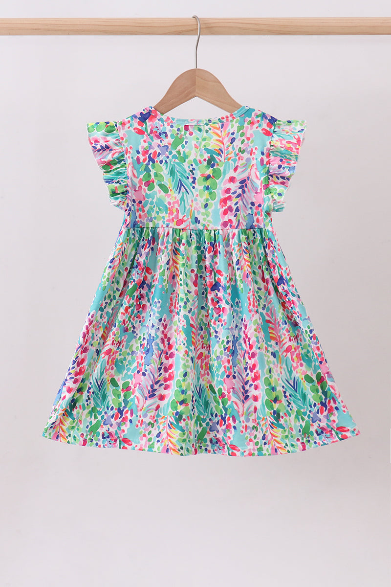 Blue Bright Floral Ruffle Dress