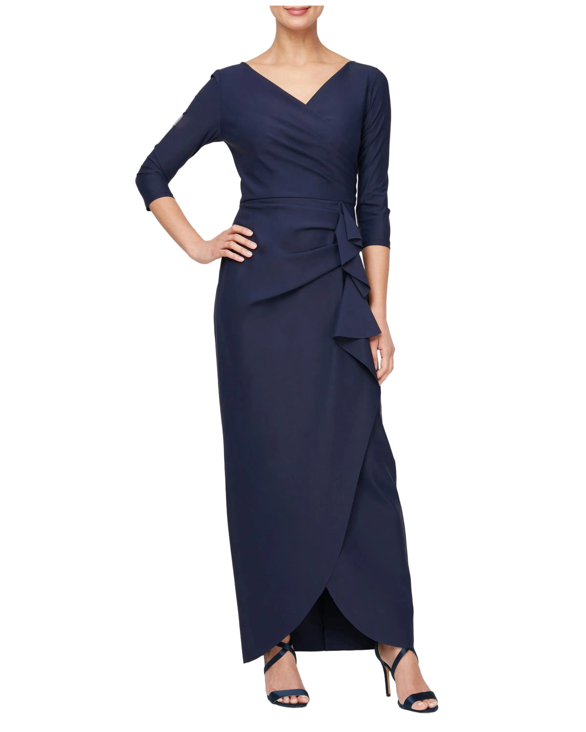 Xscape Women's 3/4-Sleeve Ruffle Navy Long Dress