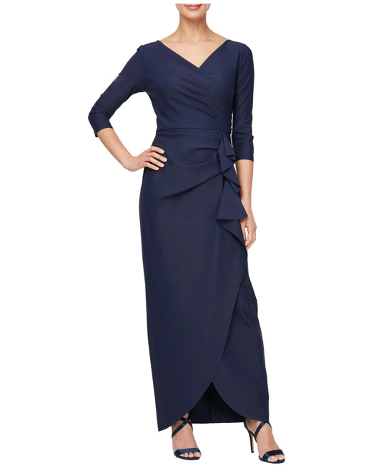 Xscape Women's 3/4-Sleeve Ruffle Navy Long Dress