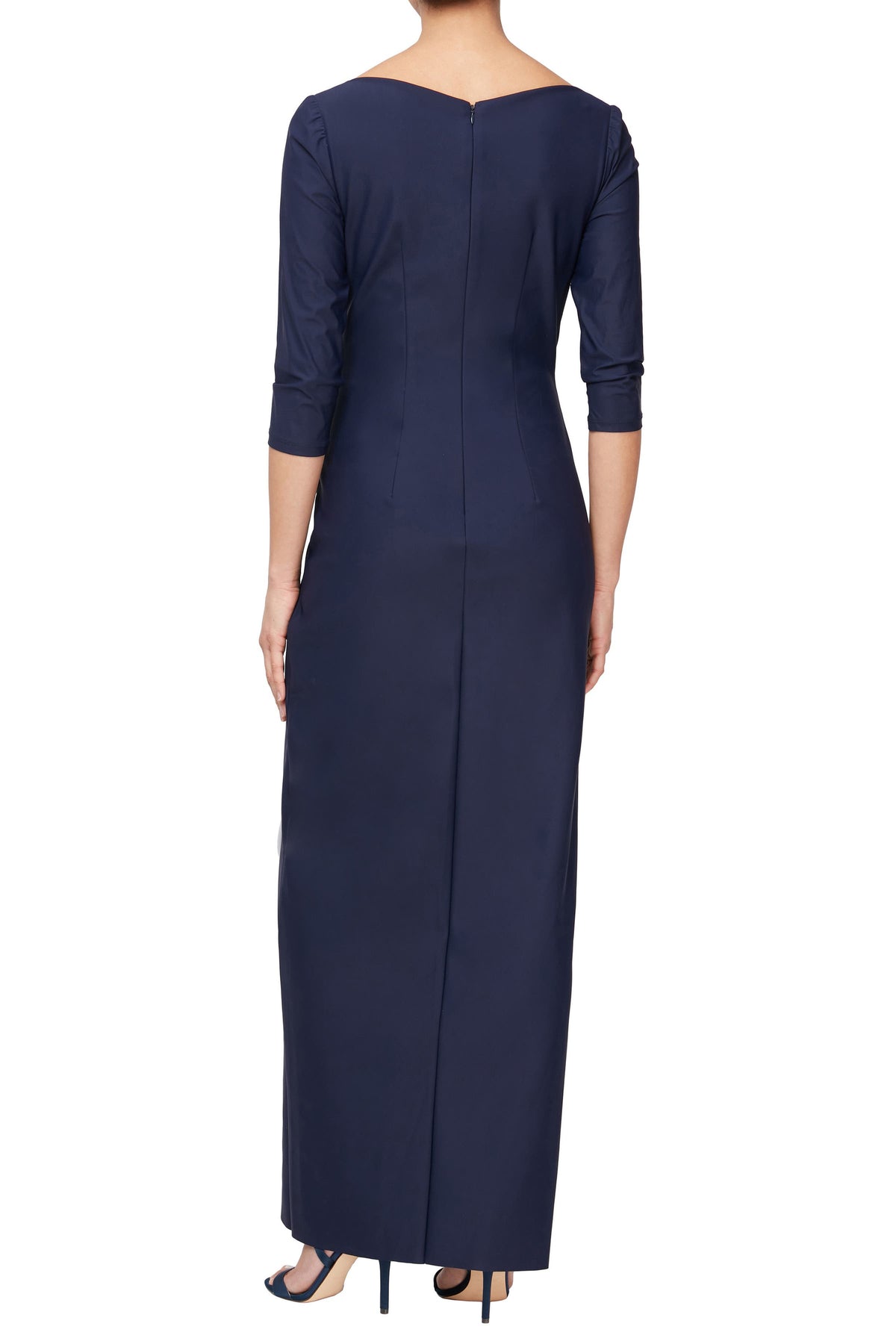 Xscape Women's 3/4-Sleeve Ruffle Navy Long Dress
