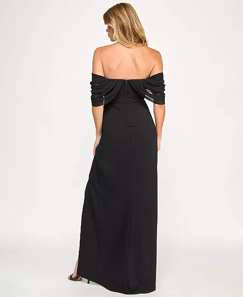 Seni & Cade Juniors' Off-The- Shoulder Drape Long Gown