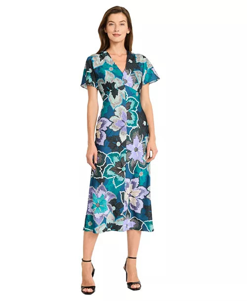 Women's Short-Sleeve Charmeuse Midi Dress