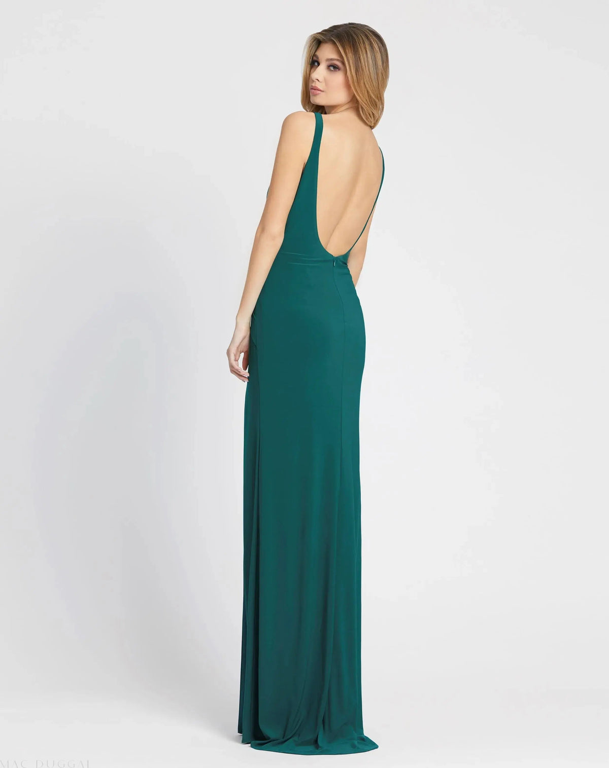 Mac Duggal Green Sleeveless Ruched Side Knot Jersey Gown