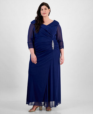 Plus Size Portrait-Collar Side-Ruched A-Line Dress