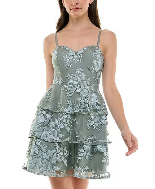 Juniors Tiered Fit & Flare Sage Flocked Mesh Dress