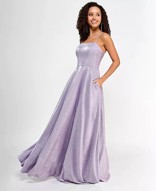 Juniors' Sleeveless Glitter Ball Gown