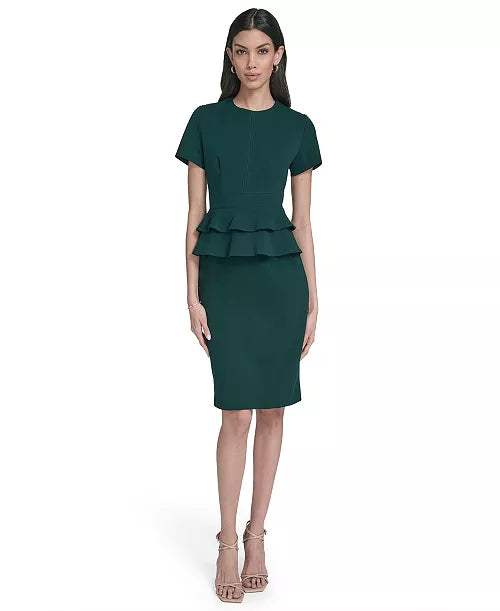 Women's Hunter Green Short Sleeve Peplum Sheath Dress