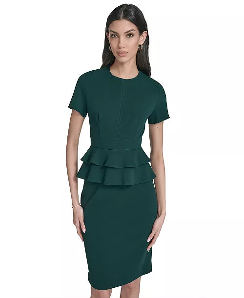 Women's Hunter Green Short Sleeve Peplum Sheath Dress