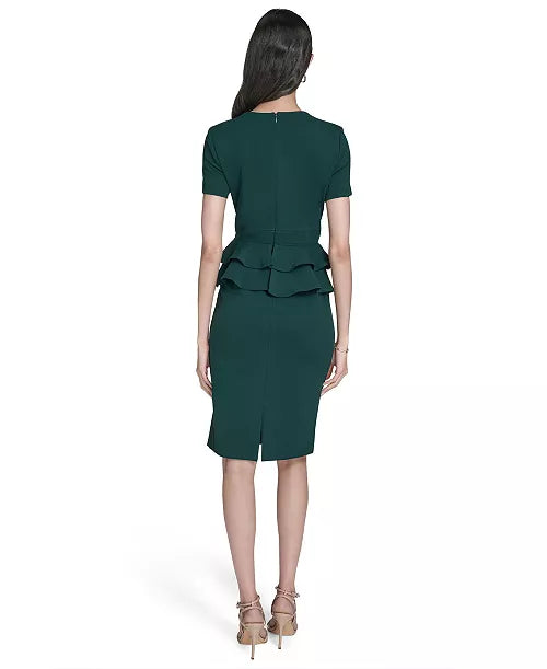 Women's Hunter Green Short Sleeve Peplum Sheath Dress