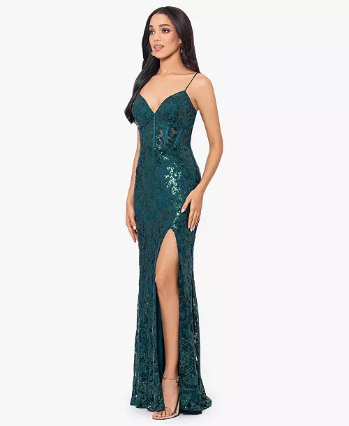 Blondie Nites Juniors' Sequined Lace Corset Gown