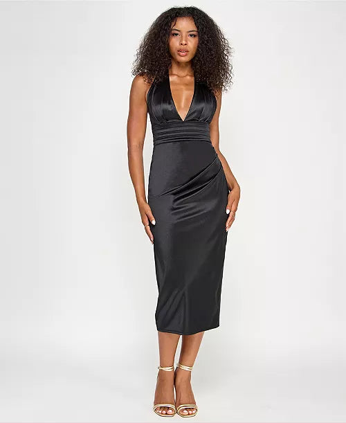 Juniors' Sateen Deep-V Halter Midi Dress
