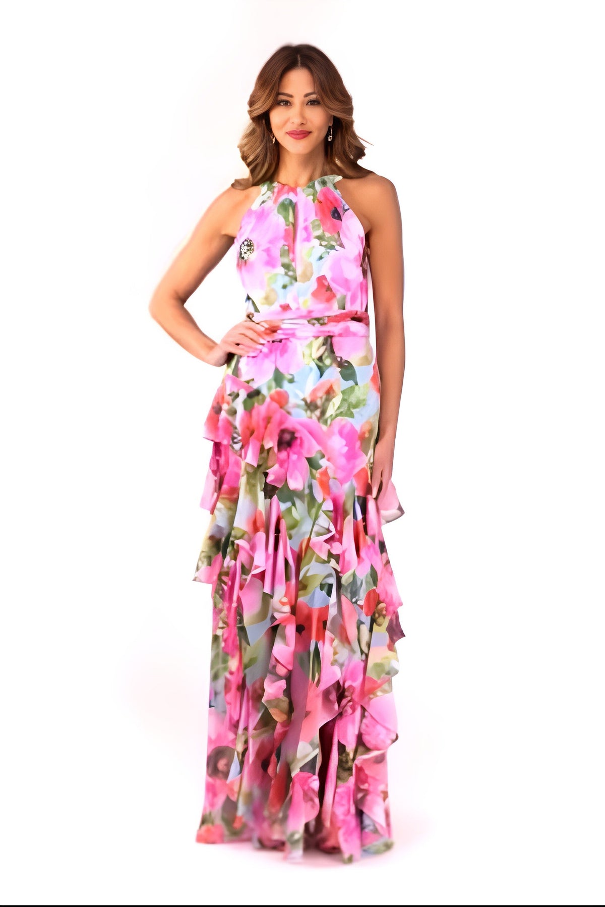 Women's Xscape Floral Chiffon Ruffled Tiered Halter Gown
