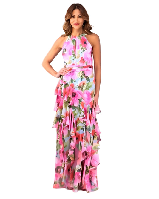 Women's Xscape Floral Chiffon Ruffled Tiered Halter Gown