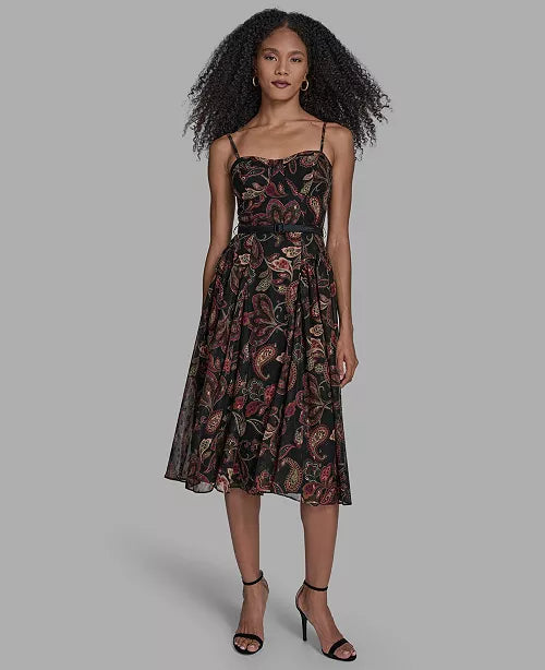 BCBG Women's Printed Sweetheart Neck Midi Dress