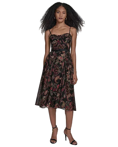BCBG Women's Printed Sweetheart Neck Midi Dress
