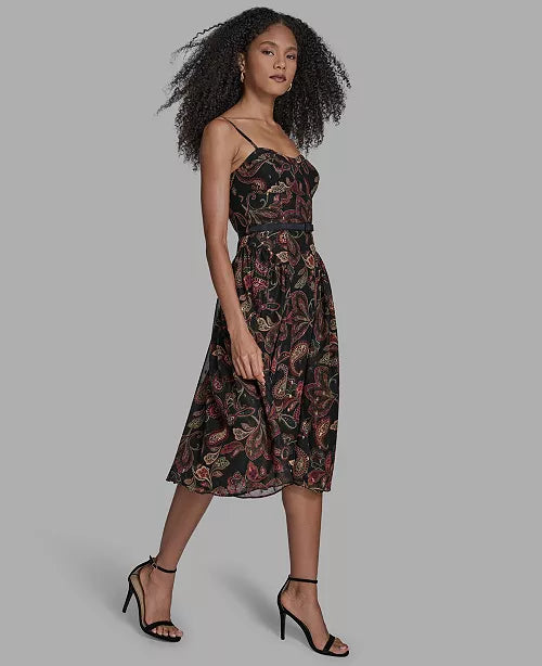 BCBG Women's Printed Sweetheart Neck Midi Dress