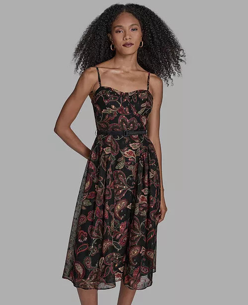 BCBG Women's Printed Sweetheart Neck Midi Dress
