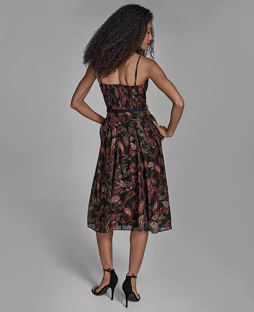 BCBG Women's Printed Sweetheart Neck Midi Dress