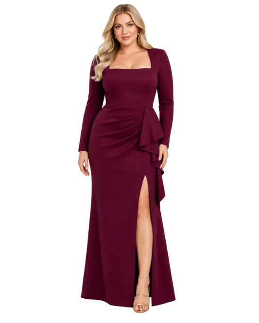 XSCAPE Women's Plus Wine Square Neck Gown
