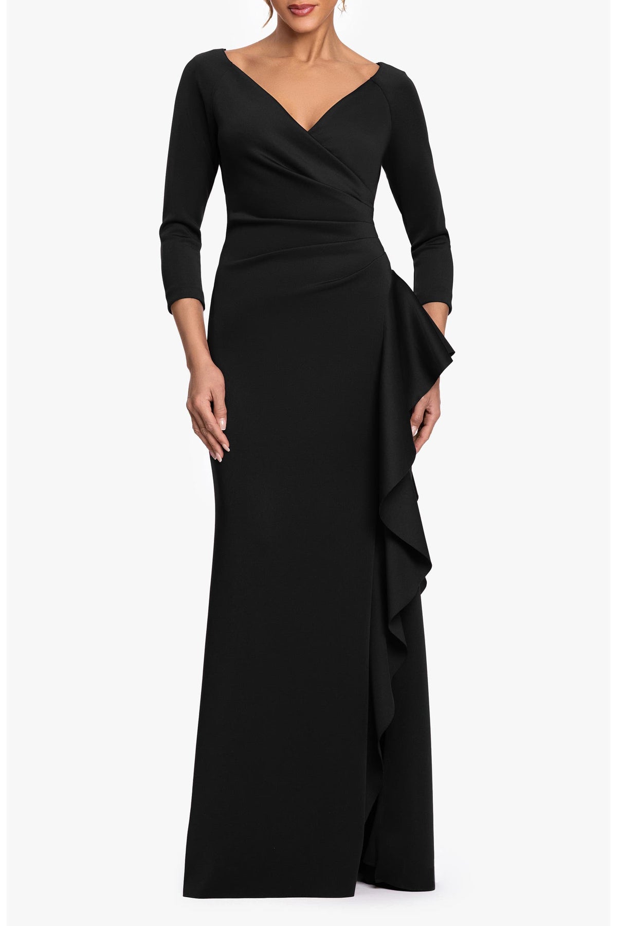 Xscape Women's 3/4-Sleeve Ruffle Black Long Dress