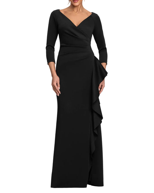 Xscape Women's 3/4-Sleeve Ruffle Black Long Dress