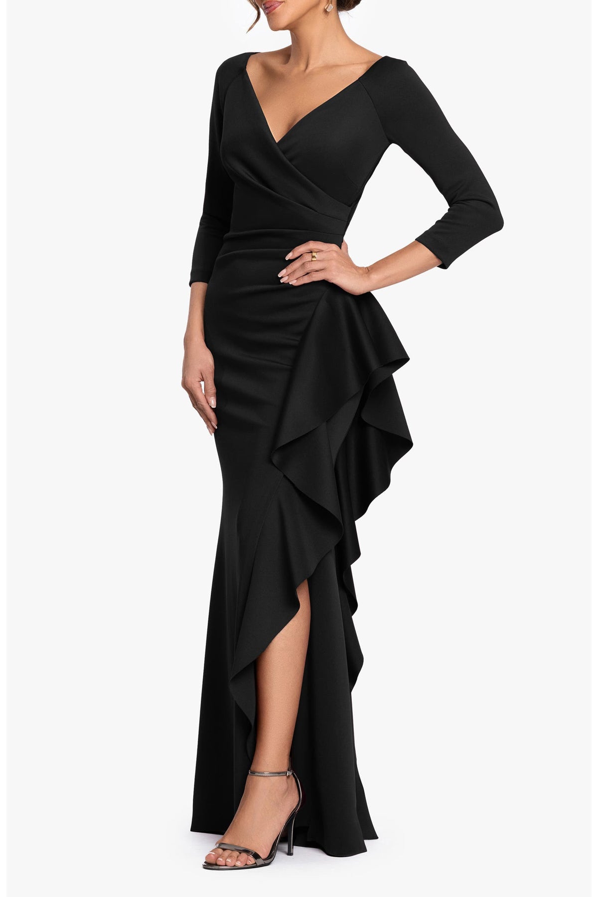 Xscape Women's 3/4-Sleeve Ruffle Black Long Dress