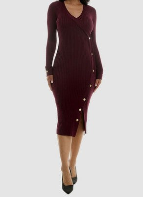 BCX Wine Ribbed Long-Sleeve Sweater Dress