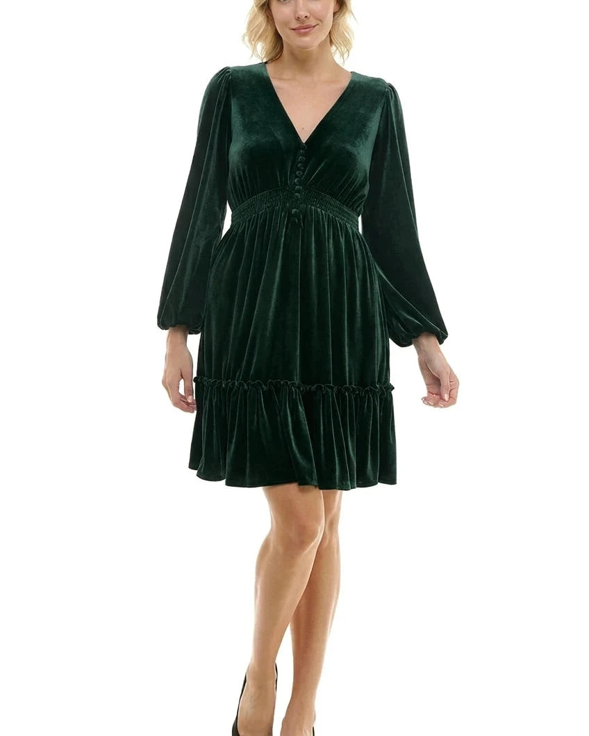 Taylor Women's V-Neck Smocked-Waist Long-Sleeve Velvet Dress