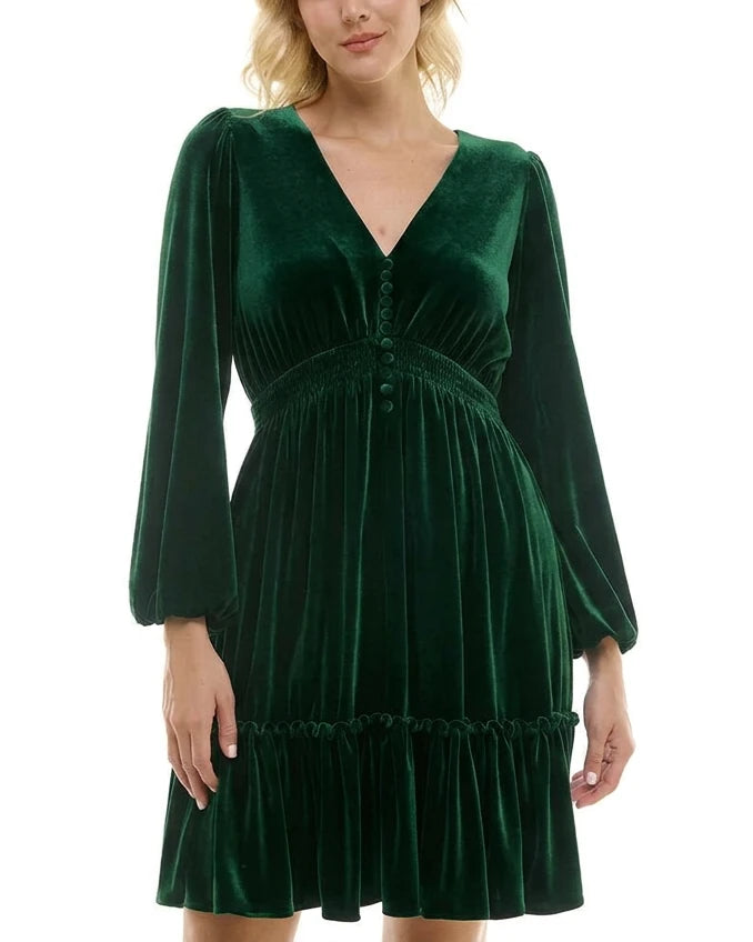 Taylor Women's V-Neck Smocked-Waist Long-Sleeve Velvet Dress