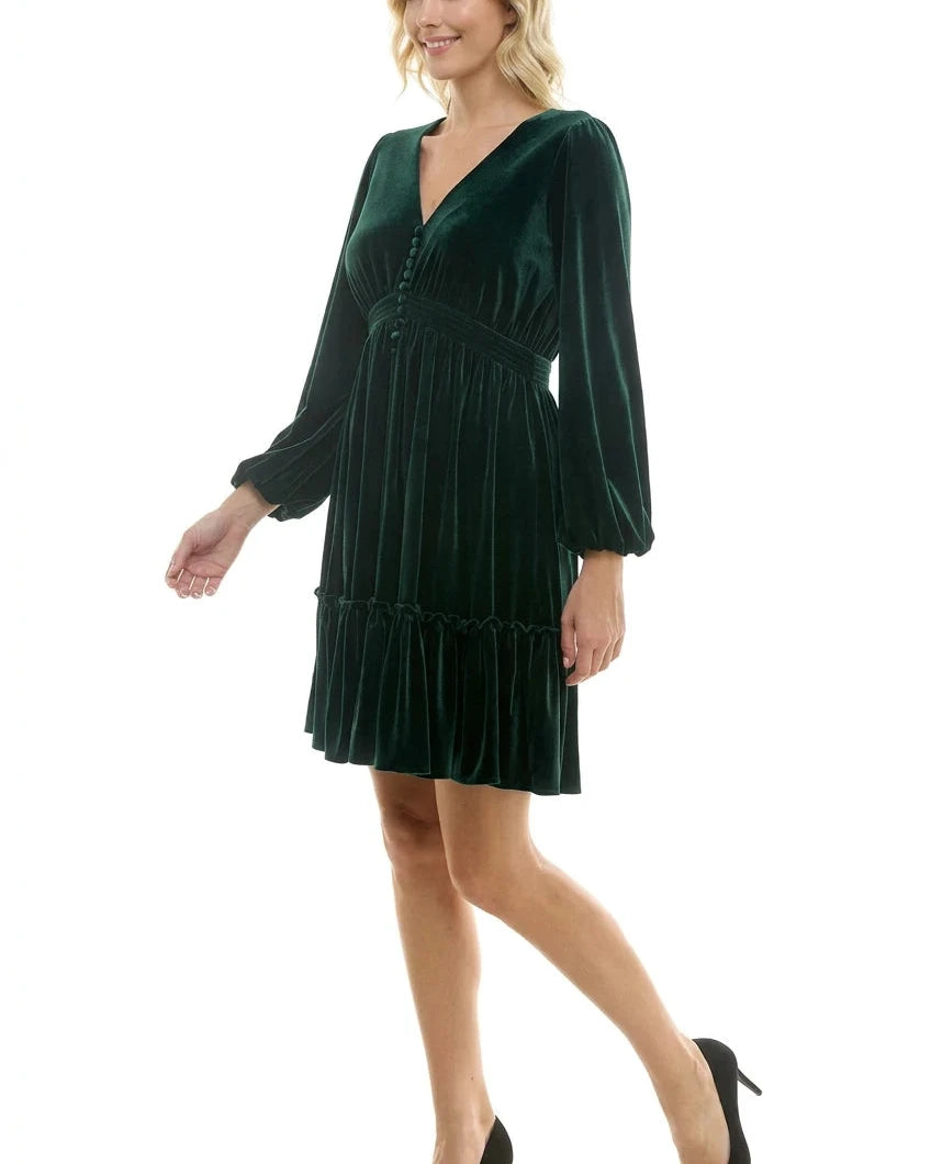 Taylor Women's V-Neck Smocked-Waist Long-Sleeve Velvet Dress
