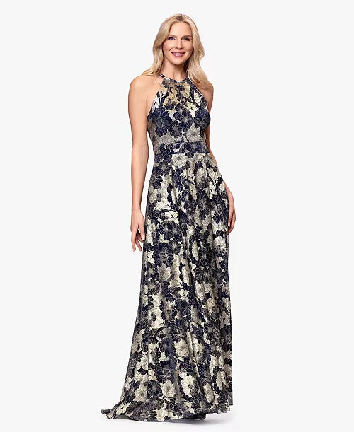 Betsy & Adam Women's Halter Neck Wrap Foil Gown