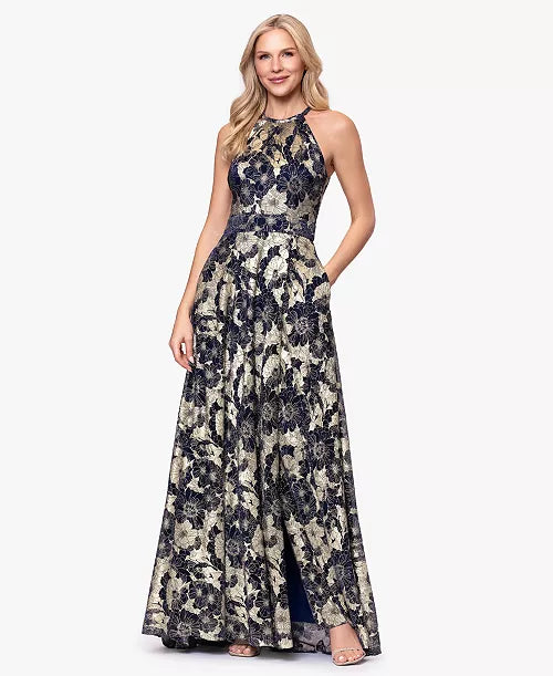 Betsy & Adam Women's Halter Neck Wrap Foil Gown