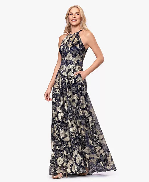 Betsy & Adam Women's Halter Neck Wrap Foil Gown