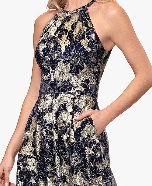 Betsy & Adam Women's Halter Neck Wrap Foil Gown