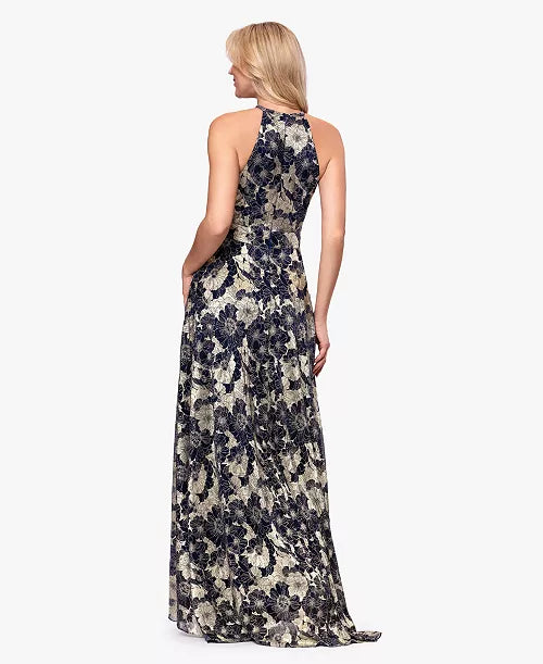 Betsy & Adam Women's Halter Neck Wrap Foil Gown