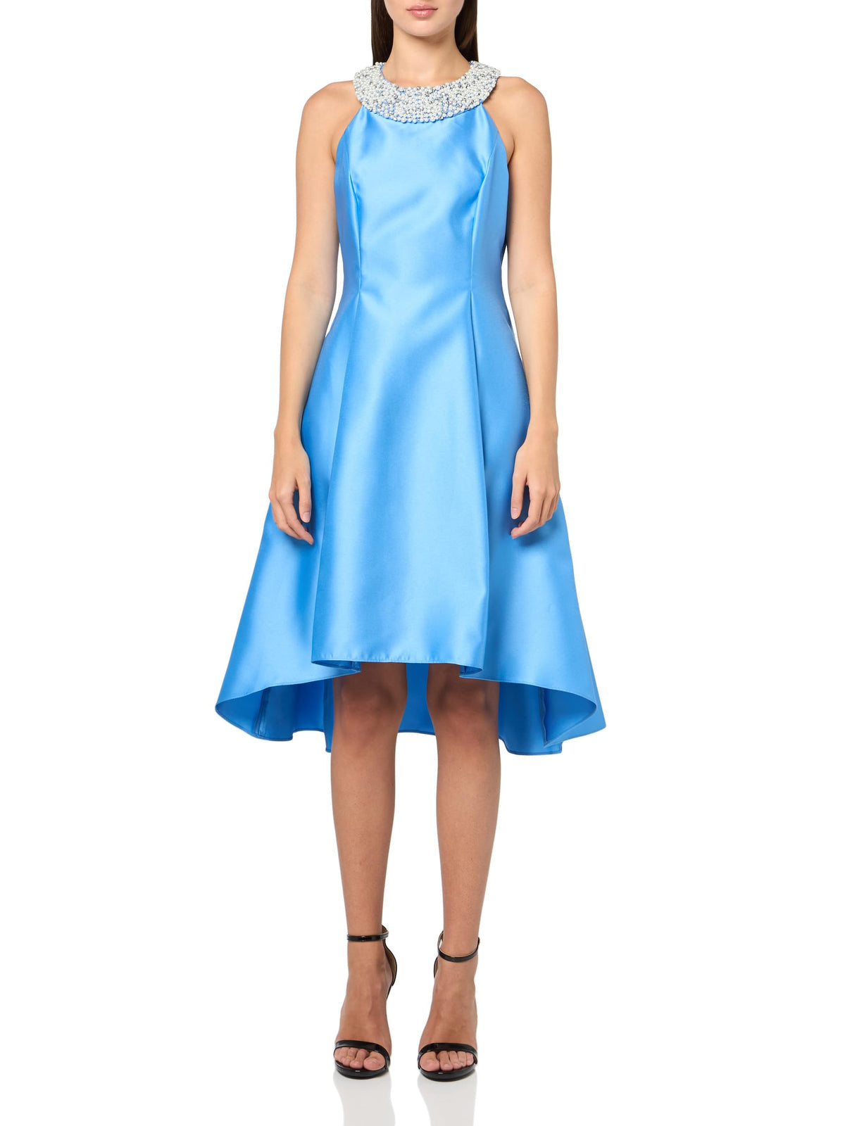 Imitation Pearl Halter Neck High-Low Mikado Dress