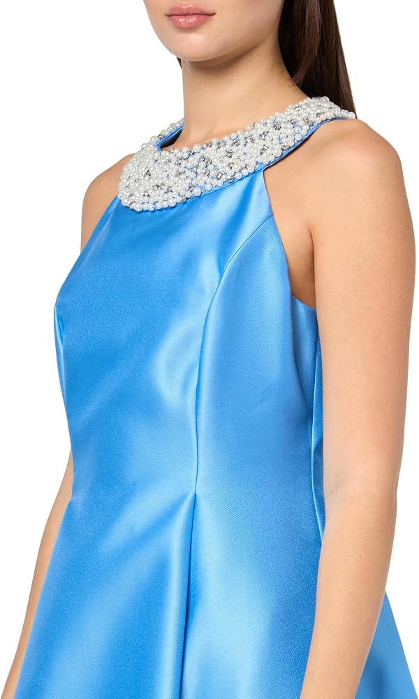 Imitation Pearl Halter Neck High-Low Mikado Dress