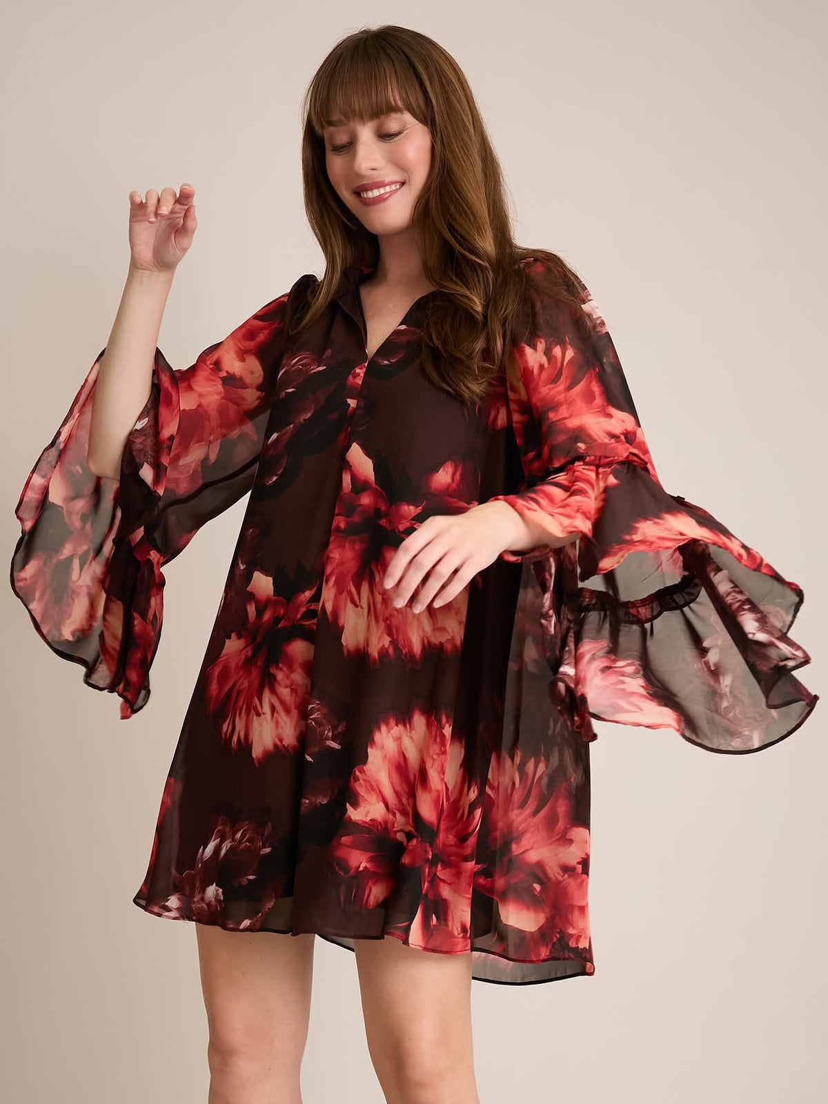 Autumn V-Neck High Low Ruffle Flounce Sleeve Dress