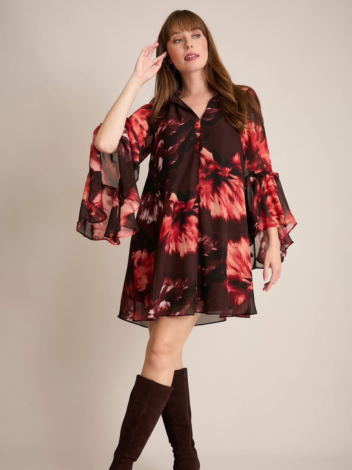 Autumn V-Neck High Low Ruffle Flounce Sleeve Dress