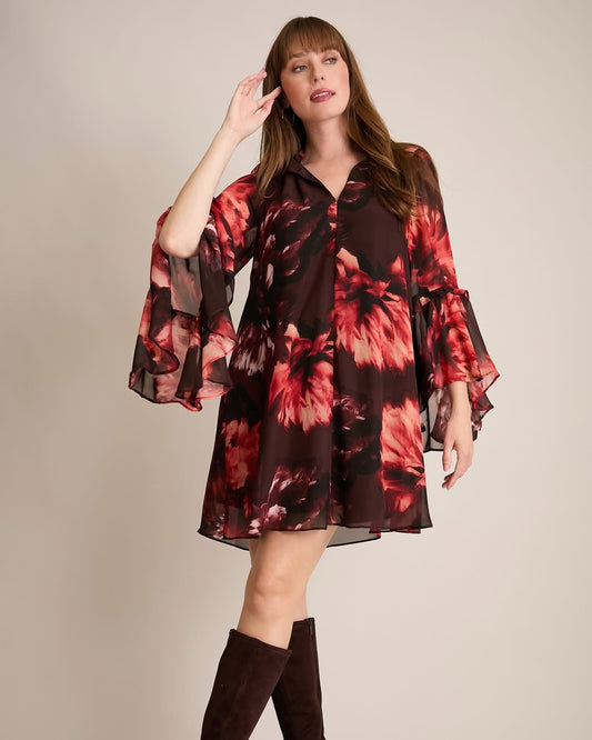 Autumn V-Neck High Low Ruffle Flounce Sleeve Dress