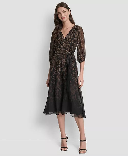 DKNY Chocolate Brown Multi Printed V-Neck Midi Dress