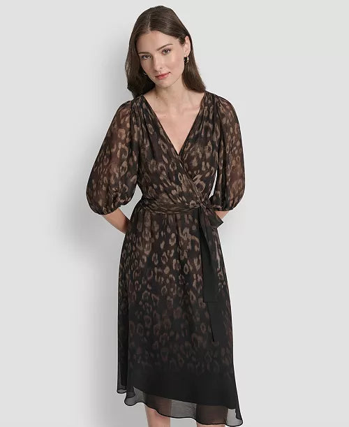 DKNY Chocolate Brown Multi Printed V-Neck Midi Dress